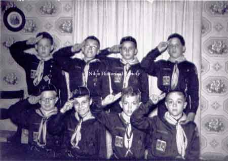 1954 photograph of cub scouts taken on landing in house at 219 North Bentley Avenue. L-R: