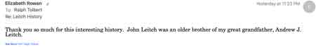 Pages 110 and 111 in the History of Trumbull County lists this information about John G. Leitch.