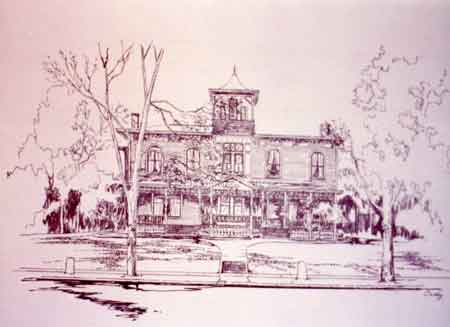 A line drawing of the Dr. A. J. Leitch residence located at 234 West Park Avenue in Niles. Built before 1895, it was later the home of Harry and Ethel Mason Evans.