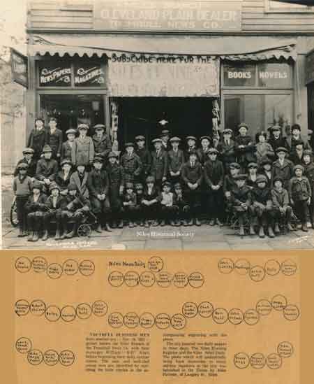 Photo of newsboys in front of the Niles magazine and newspaper store at the corner of South Main Street and West Park Avenue.