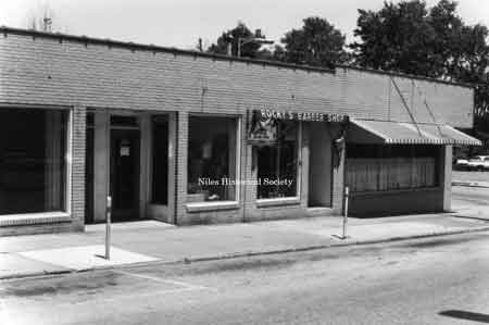 Picture taken of Rocky's Barbershop located at 50 East Park Avenue in downtown Niles before urban renewal.