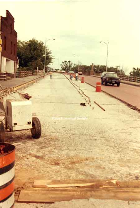 Picture taken of the Main Street Viaduct during the 1981 renovation. At this time, the 1933 paving bricks were removed and replaced with concrete.
