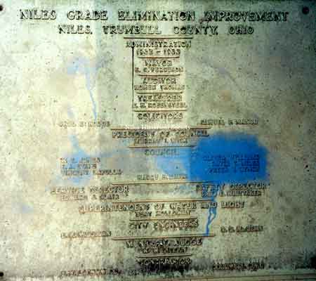 The brass plaque, with city officials names, that adorned the 1933 viaduct over the Mahoning River. It was taken down during the 2002 re-construction.