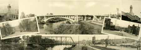 A postcard of several views of the South Main Street Viaduct right after it was built. Two additional views of Main Street downtown and of the old bridge over the river.