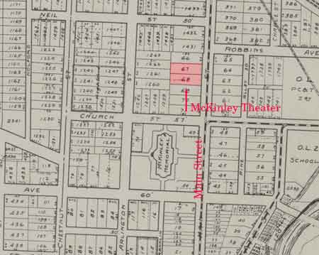 The 1918 map shows the location of the Garden Theatre and later, the McKinley Theatre.